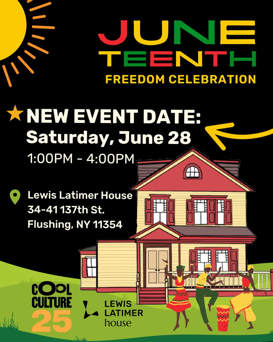 LatimerHouse's tweet image. Due to inclement weather, the Juneteenth Family Festival has been moved to Saturday, June 28! We want to ensure our community’s comfort as we gather outdoors for performances, games, music, and hands-on STEAM activities. We hope you’ll still be able to join us!
#Juneteenth