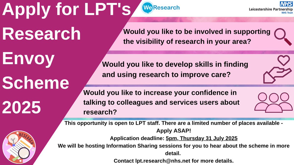 LPT Research Team (@lptresearch) on Twitter photo Join the LPT Research Envoy Scheme 2025!
This exciting opportunity is open to all LPT staff - limited spots available!
Apply by 5pm on Thursday 31 July 2025, and attend our information sessions to find out more by emailing lpt.research@nhs.net🙂#research Join the LPT Research Envoy Scheme 2025!
This exciting opportunity is open to all LPT staff - limited spots available!
Apply by 5pm on Thursday 31 July 2025, and attend our information sessions to find out more by emailing lpt.research@nhs.net🙂#research