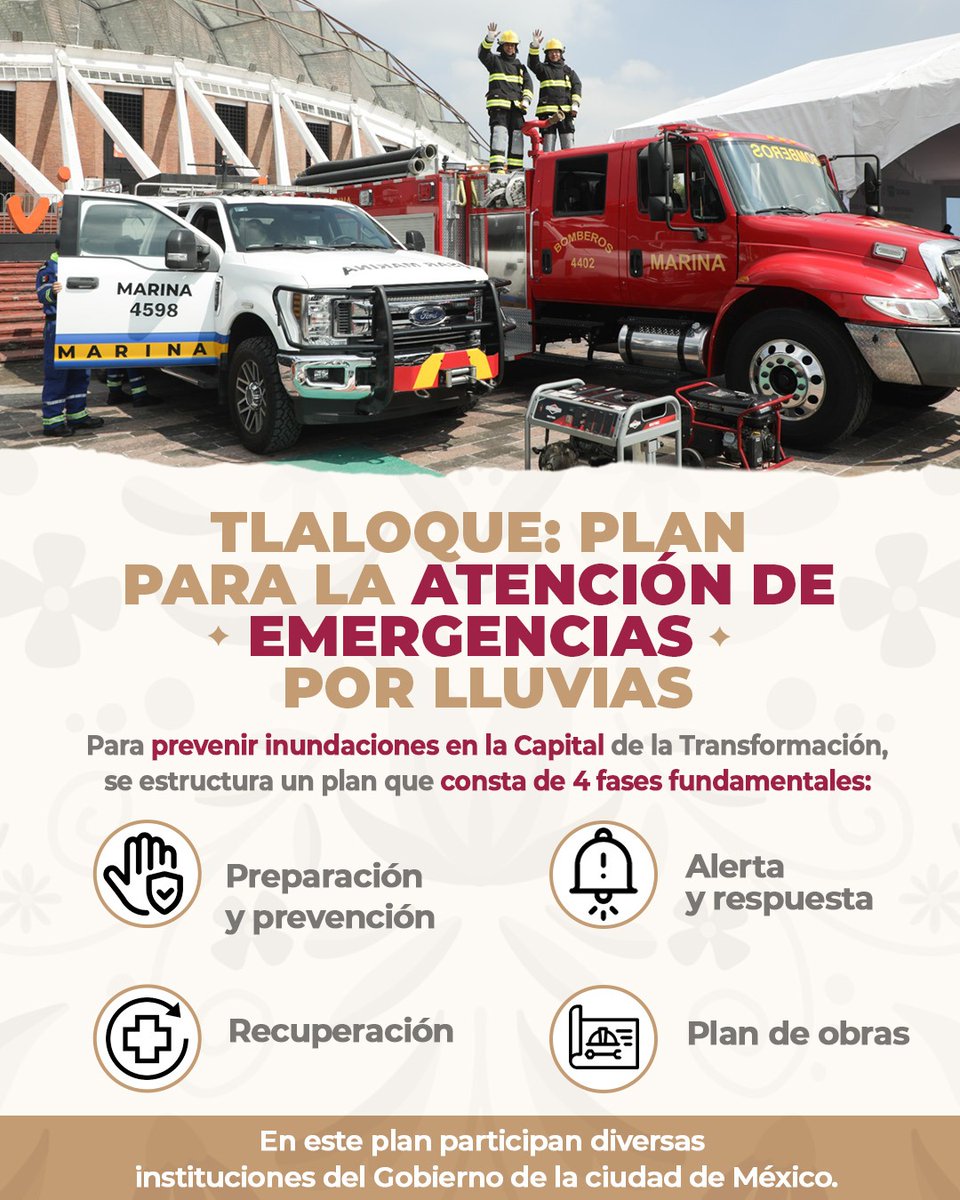 ClaraBrugadaM's tweet image. Con el Plan #Tlaloque trabajamos en coordinación con diversas instituciones para prevenir inundaciones y actuar de forma oportuna ante cualquier emergencia. Esta temporada de lluvias estamos preparadas y preparados para cualquier eventualidad en la #CapitalDeLaTransformación.