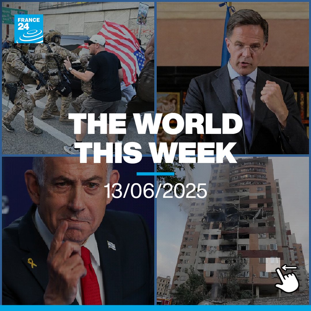 TWorldTWeekF24's tweet photo. 📺On Friday’s #WorldThisWeek:
🇮🇱🇮🇷Operation #RisingLion: #Israel hits #Iran’s #nuclear program
🇺🇦#Ukraine: #NATO #MarkRutte's speech
🇺🇸#LA: Clashes to Curfews – #Trump vs. #Newsom
🔔Tune in at 7:10PM Paris Time at https://t.co/xqlBPThvzm with @GavinLeeNews
@France24_en https://t.co/9CqPKZm5xA