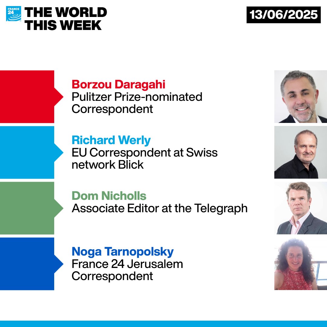 TWorldTWeekF24's tweet photo. 📺On Friday’s #WorldThisWeek:
🇮🇱🇮🇷Operation #RisingLion: #Israel hits #Iran’s #nuclear program
🇺🇦#Ukraine: #NATO #MarkRutte's speech
🇺🇸#LA: Clashes to Curfews – #Trump vs. #Newsom
🔔Tune in at 7:10PM Paris Time at https://t.co/xqlBPThvzm with @GavinLeeNews
@France24_en https://t.co/9CqPKZm5xA