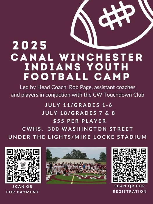 cwtouchdownclub's tweet photo. Attention Canal Winchester and surrounding area get your young athletes ready to hit the field with the 2025 Indians Youth Football Camp! . Incoming Grades 1–6: July 11 | Grades 7–8: July 18 , 6pm-9:30pm, $55 per camper, Includes training, drills, and a whole lot of football fun https://t.co/Y4nIHNcFV3