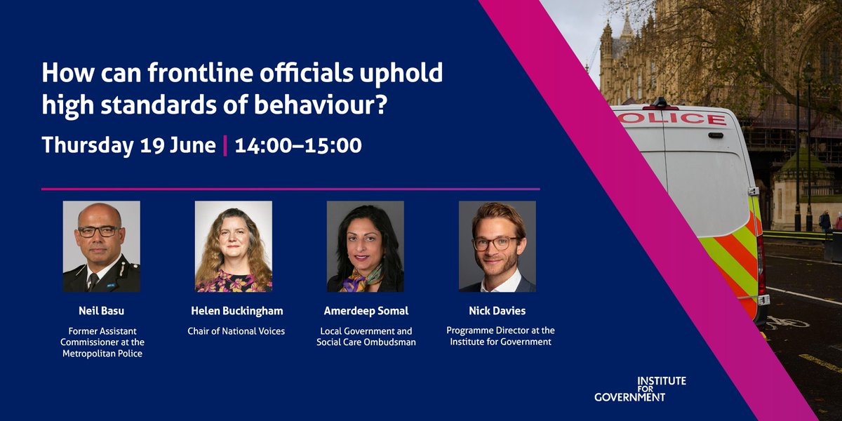 EVENT | How can frontline officials uphold high standards of behaviour?

🗓️Thursday 19 June, 14.00-15.00 

Join this event to discuss how frontline officials can be supported to make ethical decisions

👇Register to watch
instituteforgovernment.org.uk/event/nolan-pr…