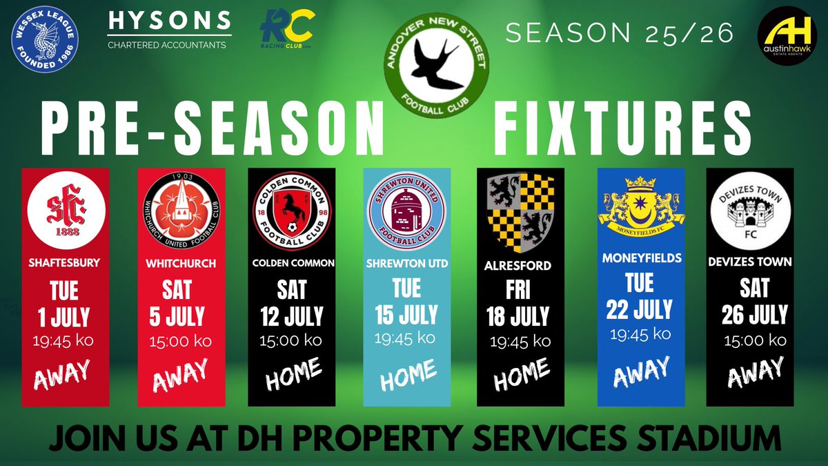 ANDOVER NEW STREET 💚🖤⚽️ (@andovernsfc) on Twitter photo LETS GET IT ON ⚽️
Calling our Green & Black Army!
PRE SEASON FIXTURES ⚽️
Your football fix is not to far away 💚🖤
<a href="/WessexLeague/">Velocity Wessex League</a> <a href="/NonLeagueCrowd/">Non League Crowds</a> <a href="/NonLeagueHQ1/">NonLeagueHQ</a> <a href="/swsportsnews/">South West Sports News</a> <a href="/SFC1888/">Shaftesbury F.C</a> <a href="/DevizesTownFC/">Devizes Town FC</a> <a href="/ShrewtonUnited/">ShrewtonUnited</a> <a href="/ColdenCommonFC/">Colden Common FC</a> <a href="/MONEYFIELDSFC/">Moneyfields FC</a> <a href="/alresford_town/">Alresford Town FC</a> <a href="/Whitchurchutd/">Whitchurch United FC</a> LETS GET IT ON ⚽️
Calling our Green & Black Army!
PRE SEASON FIXTURES ⚽️
Your football fix is not to far away 💚🖤
<a href="/WessexLeague/">Velocity Wessex League</a> <a href="/NonLeagueCrowd/">Non League Crowds</a> <a href="/NonLeagueHQ1/">NonLeagueHQ</a> <a href="/swsportsnews/">South West Sports News</a> <a href="/SFC1888/">Shaftesbury F.C</a> <a href="/DevizesTownFC/">Devizes Town FC</a> <a href="/ShrewtonUnited/">ShrewtonUnited</a> <a href="/ColdenCommonFC/">Colden Common FC</a> <a href="/MONEYFIELDSFC/">Moneyfields FC</a> <a href="/alresford_town/">Alresford Town FC</a> <a href="/Whitchurchutd/">Whitchurch United FC</a>