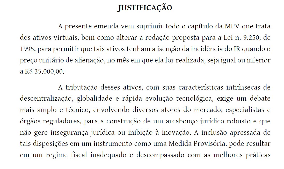 🚨 CRIPTOMOEDAS podem ser RETIRADAS da MP 1.303 que aumenta o imposto em aplicações financeiras.

O deputado Aureo Ribeiro apresentou uma emenda para retirar as partes que tratam de ativos virtuais do texto.

Se a emenda for acatada, seguiríamos com as regras atuais — inclusive a