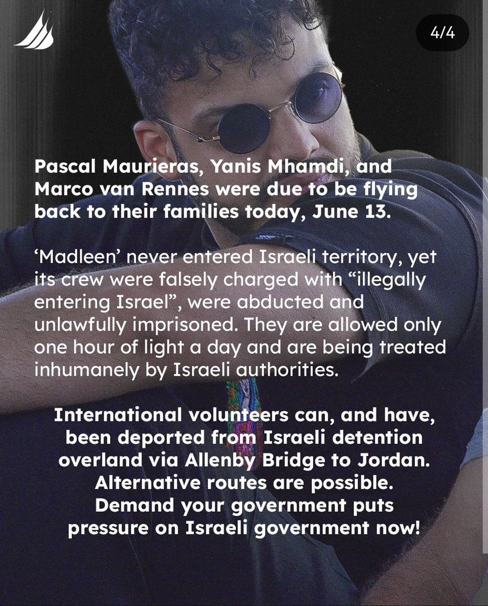 LATEST UPDATE!!

Marco van Rennes, Pascal Maurieras, and Yanis Mhamdi from the Madleen flotilla are still detained in Givon Prison, Israel. 

Help spread awareness and demand their release! 

#FreeTheMadleenCrew #HumanRightsForGaza #JusticeForActivists #FreedomFlotilla