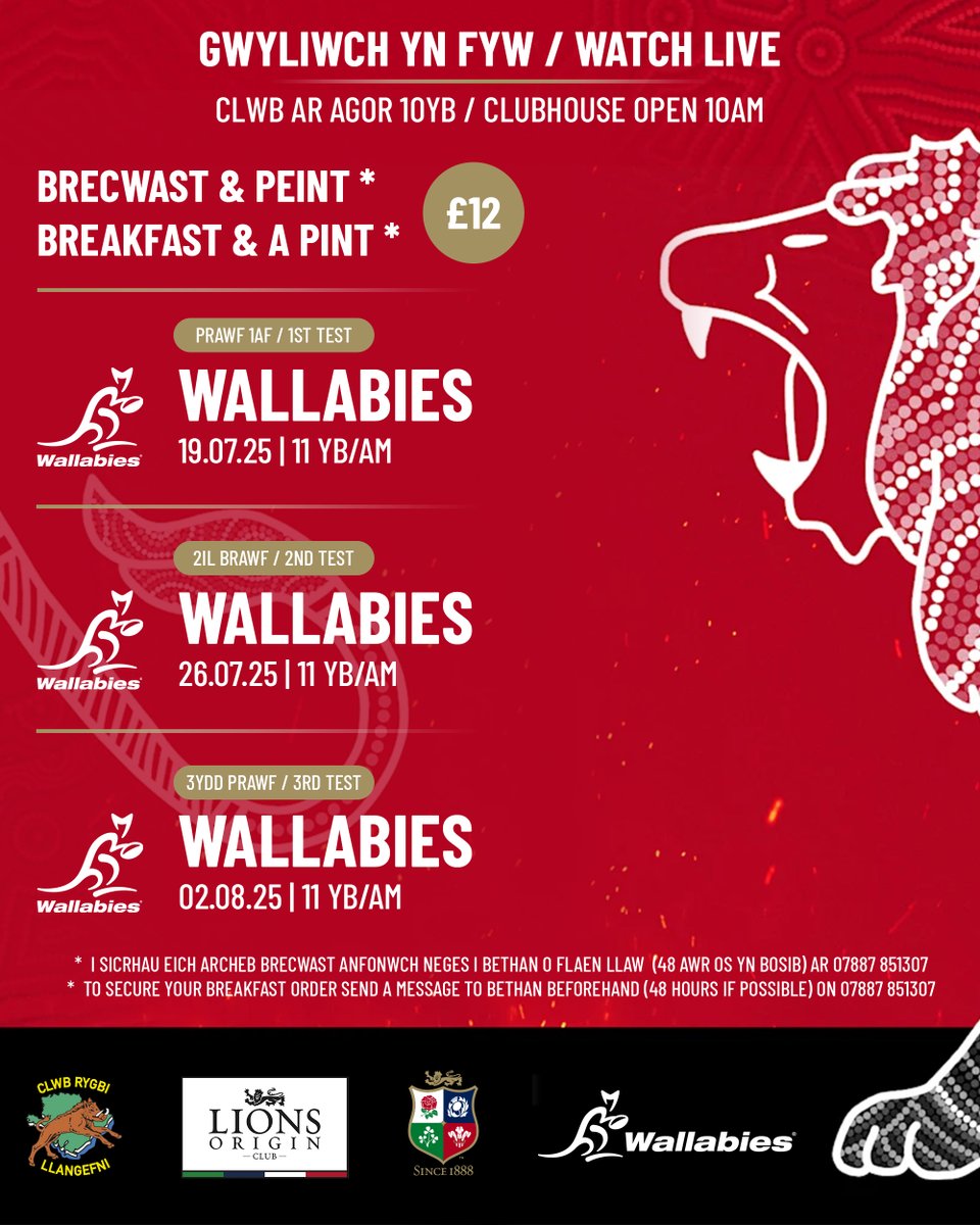 Dewch i weld tri prawf y Llewod yn y clwb. Brecwast a peint am £12 🐗🦁🏉🍽🍺

Come and watch the three Lions tests in the club. Breakfast and a pint for £12 🐗🦁🏉🍽🍺