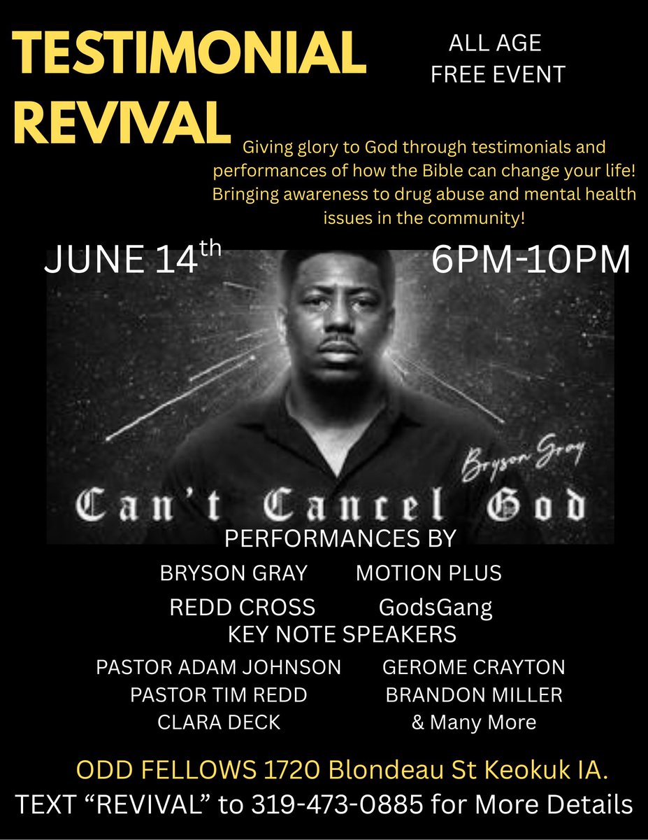 CCG Lil Weep (@promonationwide) on Twitter photo <a href="/RealBrysonGray/">CCG BRYSON</a> performing in Keokuk, Iowa tomorrow!
Also featuring - <a href="/motionplus/">William “MotionPlus” Sterns</a>
Text “Revival” to 319.473.0885 for more details! <a href="/RealBrysonGray/">CCG BRYSON</a> performing in Keokuk, Iowa tomorrow!
Also featuring - <a href="/motionplus/">William “MotionPlus” Sterns</a>
Text “Revival” to 319.473.0885 for more details!