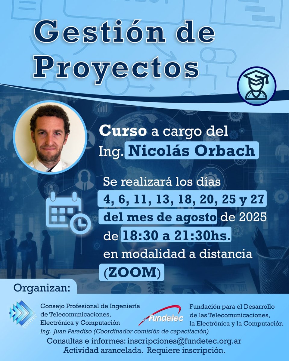COPITEC (@copitec) on Twitter photo 📚 Curso: Gestión de Proyectos
🎯 Este curso permitirá a los asistentes conocer fundamentos, características y aspectos relacionados con la Gestión de Proyectos.
✅ → Informes e Inscripción acá: eventbrite.com.ar/e/curso-gestio…
📩 Consultas e inquietudes:
inscripciones@fundetec.org.ar 📚 Curso: Gestión de Proyectos
🎯 Este curso permitirá a los asistentes conocer fundamentos, características y aspectos relacionados con la Gestión de Proyectos.
✅ → Informes e Inscripción acá: eventbrite.com.ar/e/curso-gestio…
📩 Consultas e inquietudes:
inscripciones@fundetec.org.ar