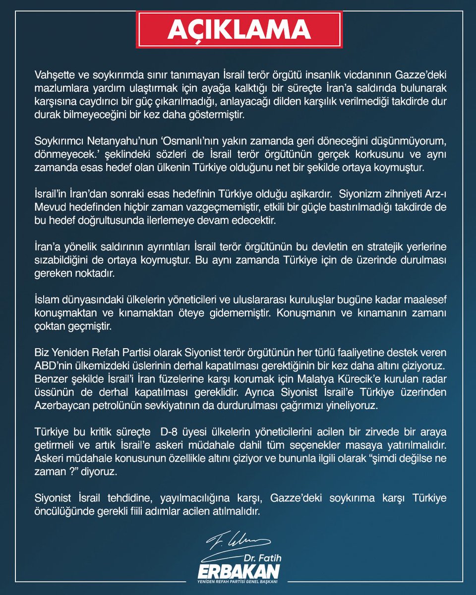 Siyonist İsrail’in tehdidine, yayılmacılığına ve Gazze’deki soykırıma karşı; Türkiye öncülüğünde gerekli fiili adımlar acilen atılmalıdır.