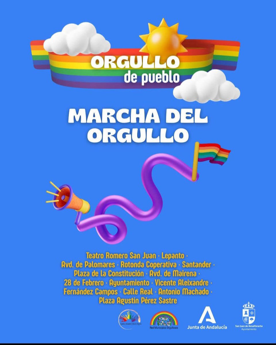 📢14 de junio a las 20:00 📢‼️🏳️‍🌈🏳️‍⚧️ Marcha del orgullo
❤️💛🧡🩵💙💚💜

#ayuntamientosanjuandeaznalfarache #orgullodepueblo #sanjuandiversa