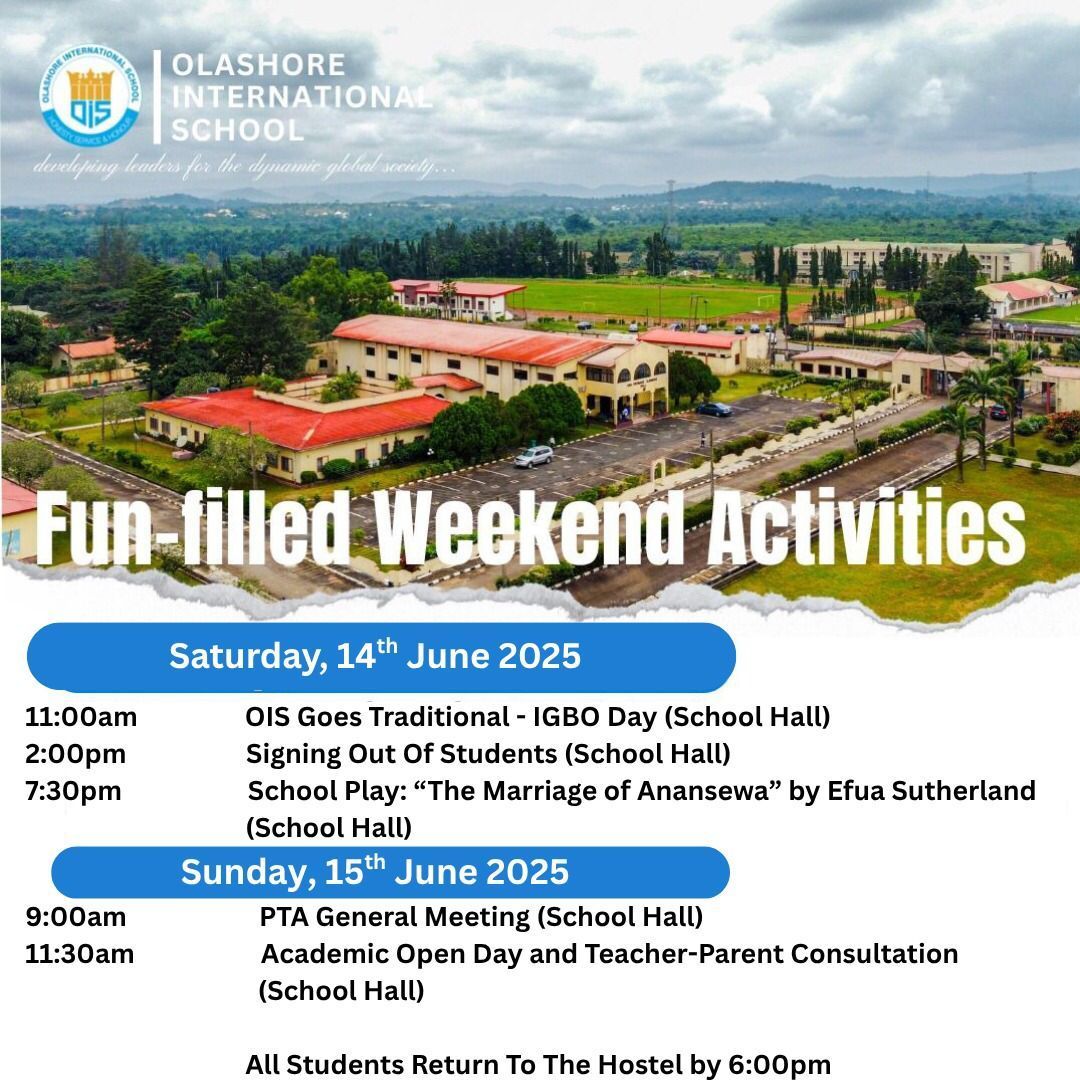 OlashoreSchool's tweet image. OIS Visiting Weekend

It’s Visiting Weekend at OIS!
We can’t wait to welcome parents this Saturday &amp;amp; Sunday for quality time, conversations &amp;amp; connection. 

📍 OIS Campus | 🗓️ June 14–15

#OISVisitingWeekend #ParentWeekend #Oisredefined #Admissionsopen