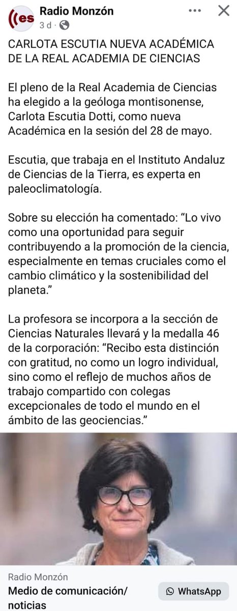 Buenas noticias, el 28 de mayo, nuestra compañera y amiga Carlota Escutia, ha sido nombrada nuevo miembro de la Real Academia de Ciencias Exactas y Naturales. incorpora a la sección de Ciencias Naturales  llevará y la medalla 46 de la corporación.
Merecido nombramiento, Carlota!
