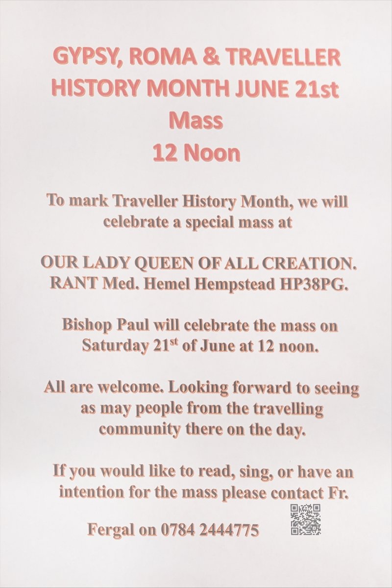 Special mass to celebrate Gypsy Roma Traveller History Month

Our Lady of all Creation Church in Hemel Hempstead is holding a special mass open to everyone on 21 June at 12pm, to celebrate Gypsy, Roma and Traveller History Month.
#GypsyRomaTravellerHistoryMonth #GRTHM #GRTHM25