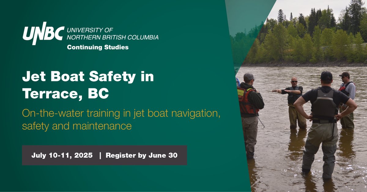 UNBCCS's tweet photo. We’ve run Jet Boat Safety in Terrace 3 times already this year – and every session filled up fast. Now, by popular demand, we are pleased to offer the 4th Jet Boat Safety Course on July 10 + 11. Register by June 30. https://t.co/VNZIS4eE2Y #UNBC #TerraceBC #KitimatStikine https://t.co/nRYcG33pu5