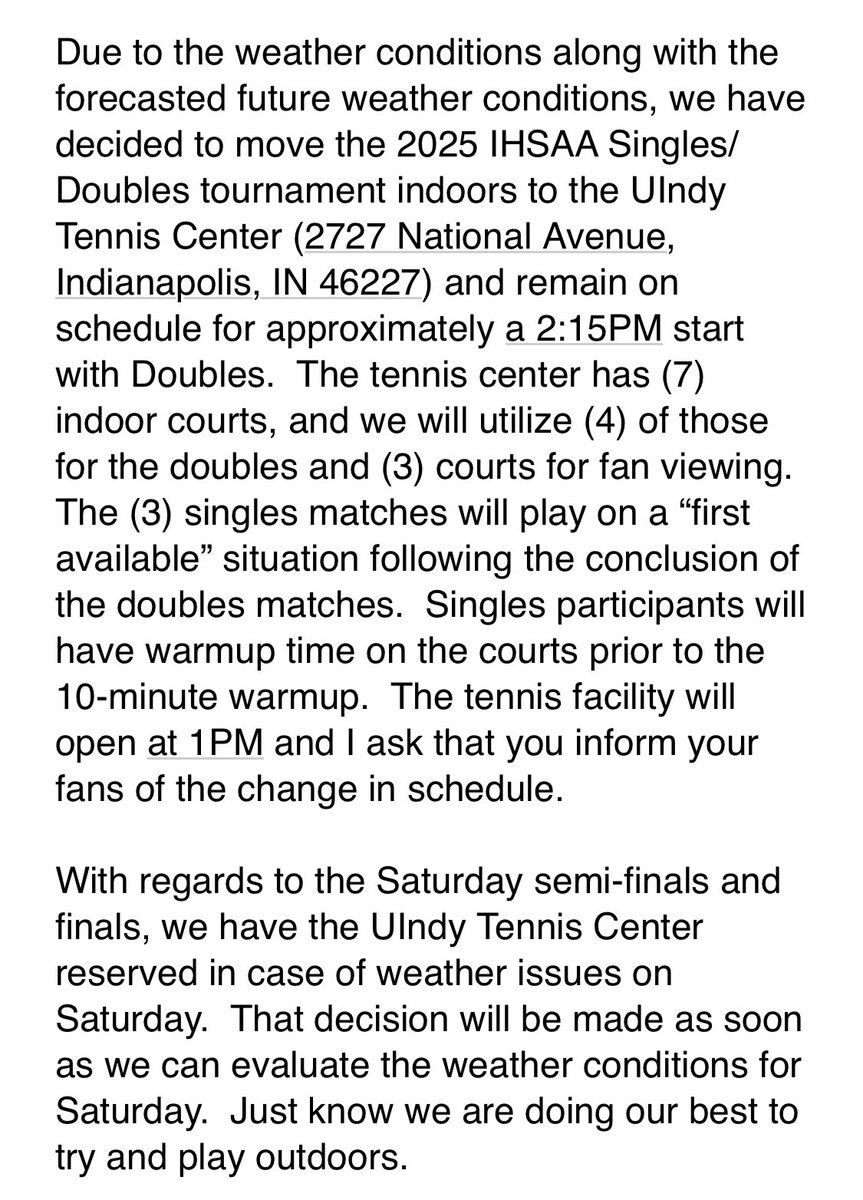 UPDATE - Girls Tennis State Finals - Change of venue