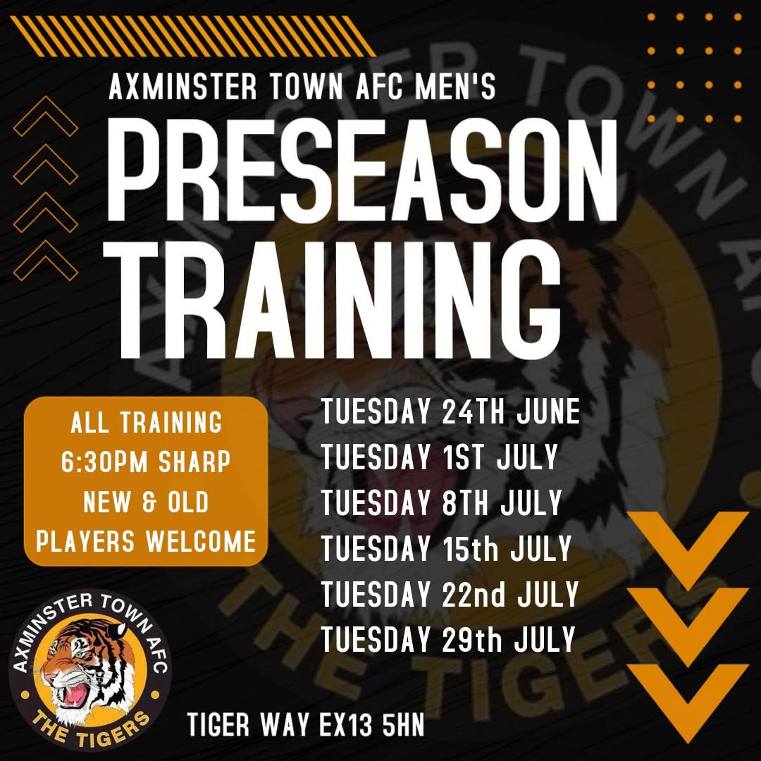 Axminster Town A.F.C (@axminstertownfc) on Twitter photo Preseason training for our First XI and anyone aspiring to play in our First XI with manager Mark Scott starts on Tuesday 24th June 6:30pm sharp. New and old players welcome. Contact axminstertownafc@gmail.com to register your interest.
#Tigers🐅 #Axminster🧡 #COYTigers⚽️ Preseason training for our First XI and anyone aspiring to play in our First XI with manager Mark Scott starts on Tuesday 24th June 6:30pm sharp. New and old players welcome. Contact axminstertownafc@gmail.com to register your interest.
#Tigers🐅 #Axminster🧡 #COYTigers⚽️