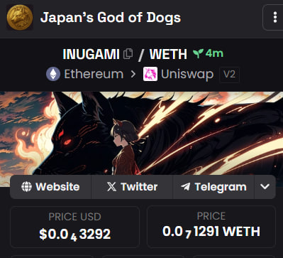 JapanGodofDogs's tweet photo. DexScreener Socials Updated $INUGAMI 

https://t.co/wm1JHc9T6F

#SHIB #INUGAMI https://t.co/l4A92HNdl2