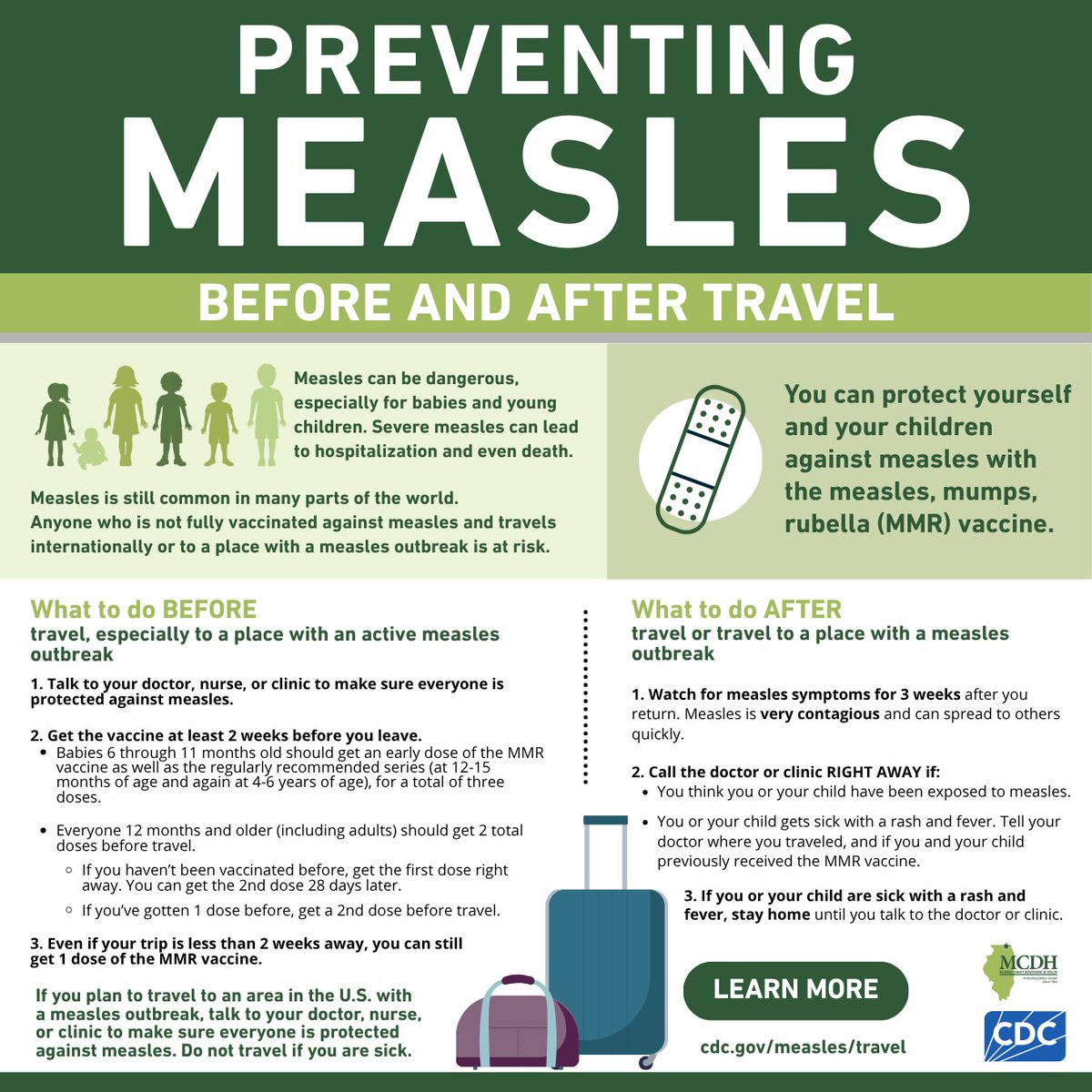 ✈️ Traveling this summer? Protect your family from measles!

Before your trip: talk to your doctor &amp; get the MMR vaccine. Babies 6–11 months get an early dose.

After your trip: watch for rash/fever for 3 weeks. Call your doctor if exposed or sick.

More: mcdh.link/preventing-mea…