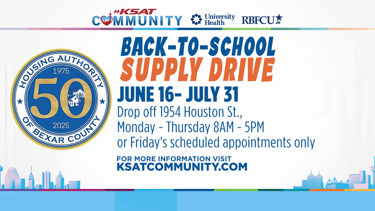 This year, we are THRILLED to partner with KSAT Community for our annual Back-To-School Supply Drive!  Starting Monday, through July 31st, we will be accepting school supply donations at our main office and distributing them to the public on August 2, 2025! #CommunitySupport