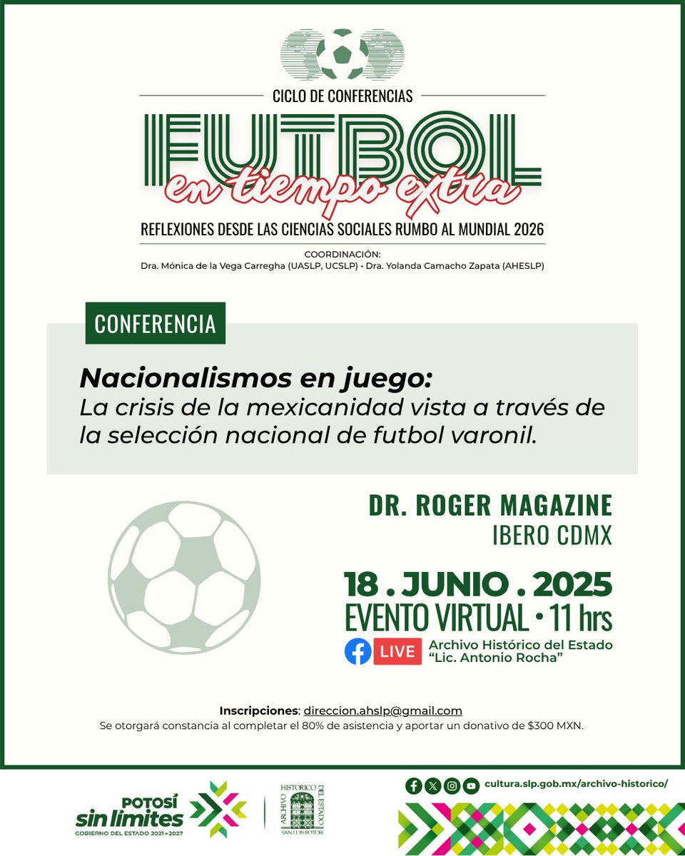 IBERO Ciencias Sociales y Políticas (@iberosocialesyp) on Twitter photo "Nacionalismos en juego: La Crisis de la Mexicanidad vista a través de la Selección Nacional de fútbol varonil"
Presenta: Dr. Roger Magazine (IBERO CDMX)
Miércoles 18 de junio 2025 a las 11:00 am hora México.
Transmisión
facebook.com/share/1Ugin2Yy…
Registro direccion.ahslp@gmail.com "Nacionalismos en juego: La Crisis de la Mexicanidad vista a través de la Selección Nacional de fútbol varonil"
Presenta: Dr. Roger Magazine (IBERO CDMX)
Miércoles 18 de junio 2025 a las 11:00 am hora México.
Transmisión
facebook.com/share/1Ugin2Yy…
Registro direccion.ahslp@gmail.com