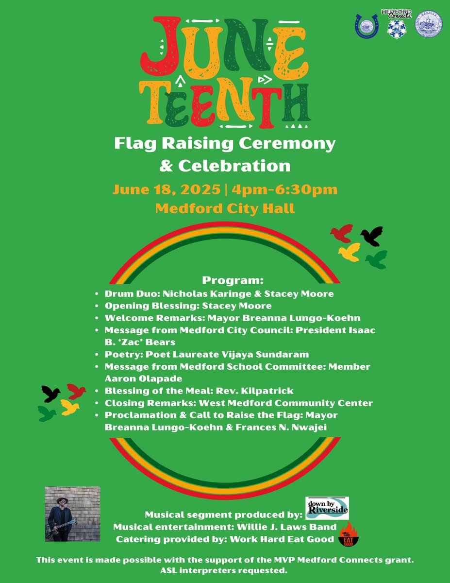 Join us at City Hall this Wednesday, June 18, from 4pm-6:30pm for our annual Juneteenth Flag Raising Ceremony &amp; Celebration.

There will be speakers, live music by the Willie J. Laws Band, food by Work Hard Eat Good, and more!