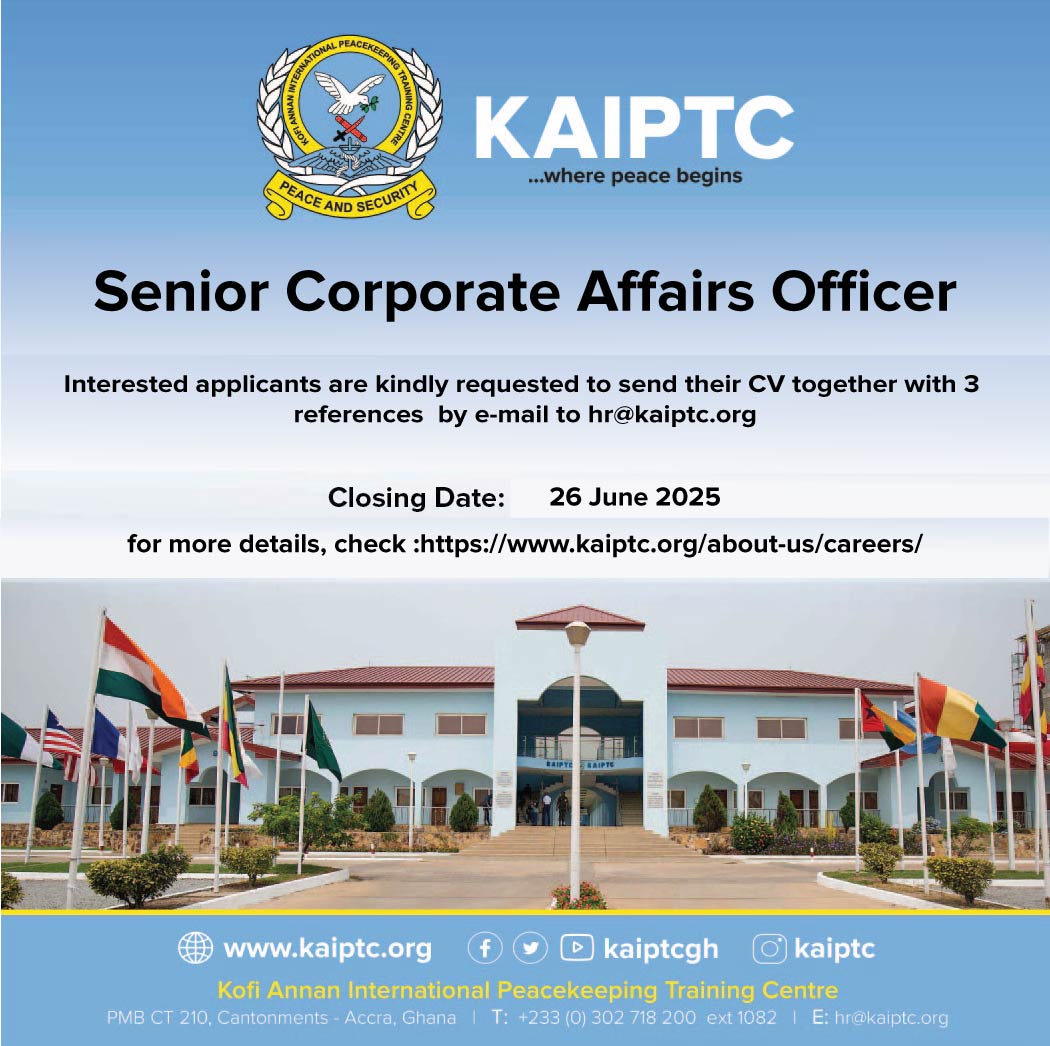 KaiptcGh's tweet photo. Career Opportunities at KAIPTC!

Join our team and contribute to advancing peace and security in the region.

Interested applicants should kindly submit their CV, a professional work portfolio, and contact details of three referees via email to hr@kaiptc.org. See details at https://t.co/GxoCAdfsv9

Application deadline: 26th June 2025.