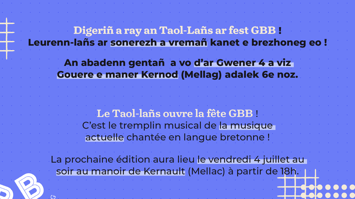 OPAB_OPLB's tweet photo. 🎉 Adalek 2025 e vo dalc'het @gbbfest  bep bloaz 🎵 ! An Taol-Lañs ? Pelec’h e vo ? Petra a vo ? Penaos ez a en-dro ?
Deuit e darempred ganeomp e GBB : ur stand a vo gant an OPAB ivez ! https://t.co/wlHN6AQHGV