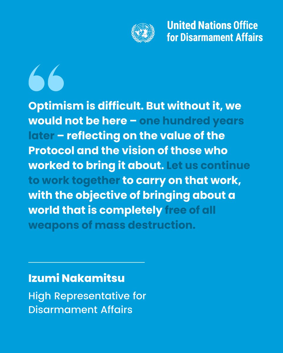 ODA (@un_disarmament) on Twitter photo UNODA High Representative <a href="/INakamitsu/">Izumi Nakamitsu</a> delivered a video message on the 100th anniversary of the Geneva Protocol. “It is important to recall that the Geneva Protocol also came into a world of confusion and uncertainty in the year 1925.”
Watch here:👉 tinyurl.com/bddtcs2p UNODA High Representative <a href="/INakamitsu/">Izumi Nakamitsu</a> delivered a video message on the 100th anniversary of the Geneva Protocol. “It is important to recall that the Geneva Protocol also came into a world of confusion and uncertainty in the year 1925.”
Watch here:👉 tinyurl.com/bddtcs2p