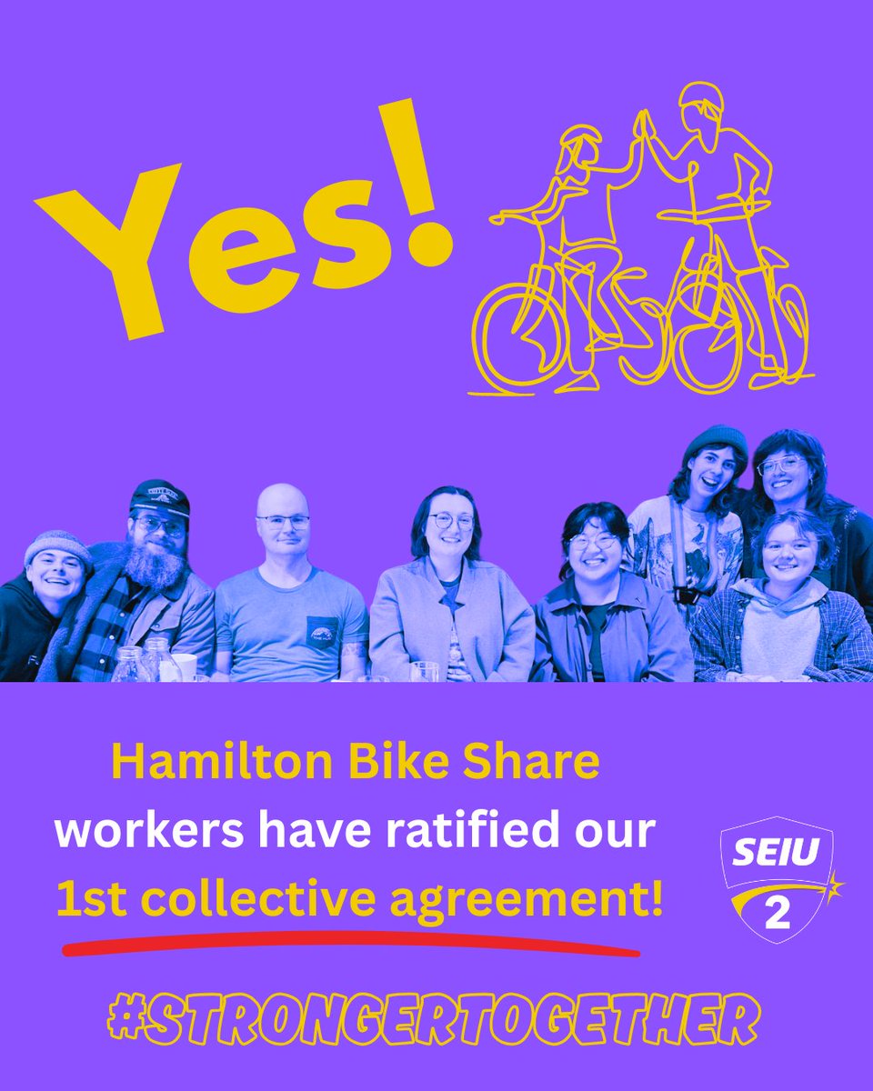 seiulocal2can's tweet image. We ratified our 1st Agreement! Secured increases of 7.5% over 2 years (6 months retro!), additional paid wellness days, a solid employer paid health benefit plan, improved vacation pay, health & safety language, and much more! 👏
#StongerTogether #UnionsforAll #HamiltonBikeShare