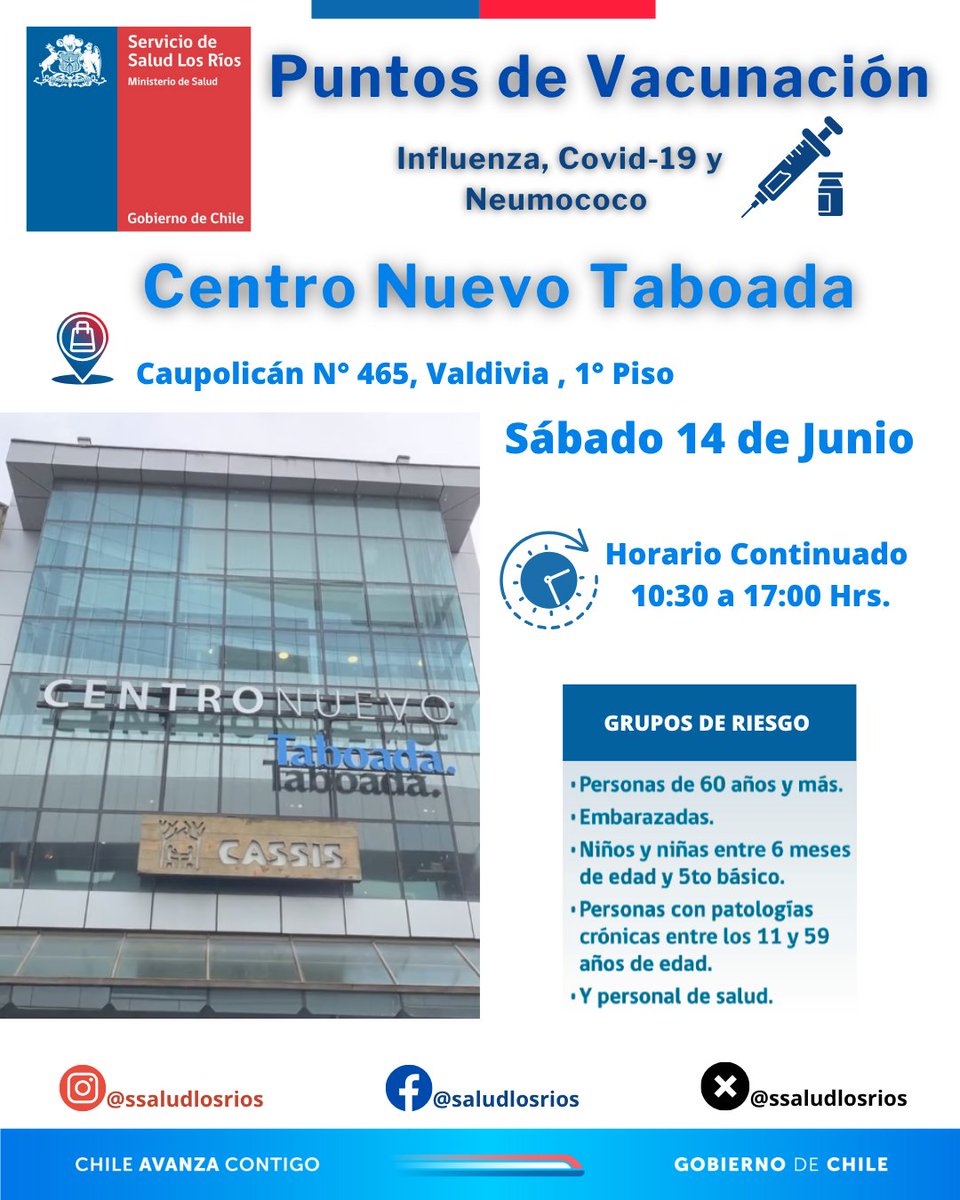 📣 #LosRíos, continuando con la campaña de vacunación este sábado 14 de junio en Centro Nuevo Taboada de Valdivia tendremos un nuevo punto de vacunación para todos los grupos de riesgo, vacúnate contra la Influenza, Covid-19 y Neumococo.

#Valdiviacl #TodosPorLaVacunación
