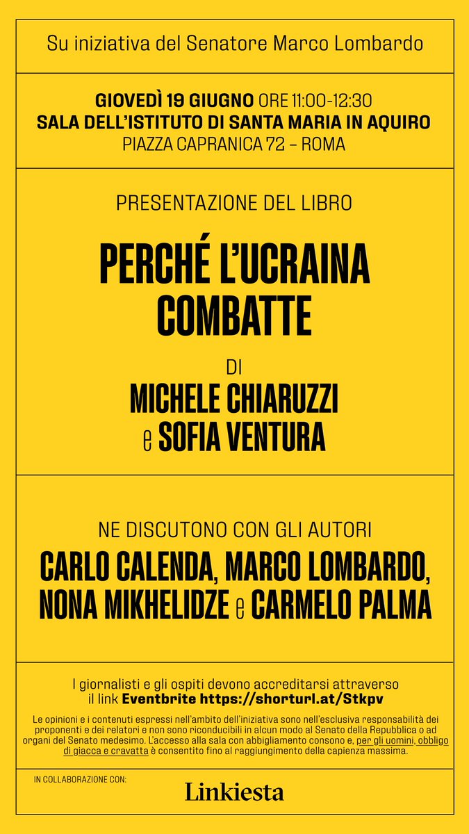 Giovedì presentazione a Roma del libro di  Michele Chiaruzzi <a href="/Mchiarusmr/">Michele Chiaruzzi</a>  e Sofia Ventura <a href="/Sofiajeanne/">Sofia Ventura</a>  con <a href="/CarloCalenda/">Carlo Calenda</a> , <a href="/mlombardo81/">Marco Lombardo</a> e <a href="/NonaMikhelidze/">Nona Mikhelidze</a>. 

Accredito obbligatorio: eventbrite.it/e/presentazion…