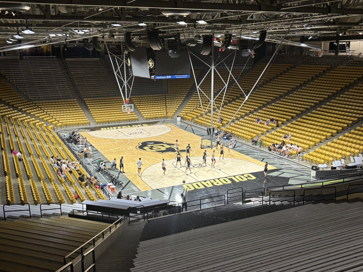 Starting Day 2 on the main court at the CU Events Center. Really cool opportunity for the guys. And a great way to practice shooting in a big arena. Let’s have a day! #RollPride