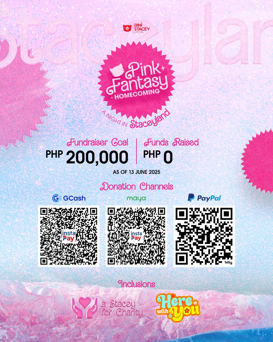 BiniStaceyOFC's tweet photo. We are thrilled to announce our fundraiser project for Stacey's 22nd birthday and BINI's Homecoming! 🩷🎂🏠

Help us bring the Barbie dream to life for Stacey's magical homecoming! 💖 From glitter to glam, we're turning StaceyLand into a real-life fairytale — and we need your support to make it happen. 🎀🌟

All proceeds will go towards A Stacey for Charity: Season 3 and BINI’s Homecoming on June 29.

We thank you all in advance for your generosity!

Link to forms for donations:
https://t.co/2Vx4JlknE7
