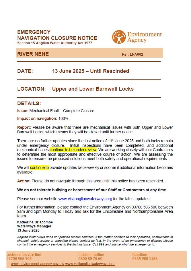 Please see our latest re-issued Emergency Navigation Closure Notice for Upper &amp; Lower Barnwell Locks on the #RiverNene.  A further update will be given early next week, both locks currently remain  under Emergency Closure at present.