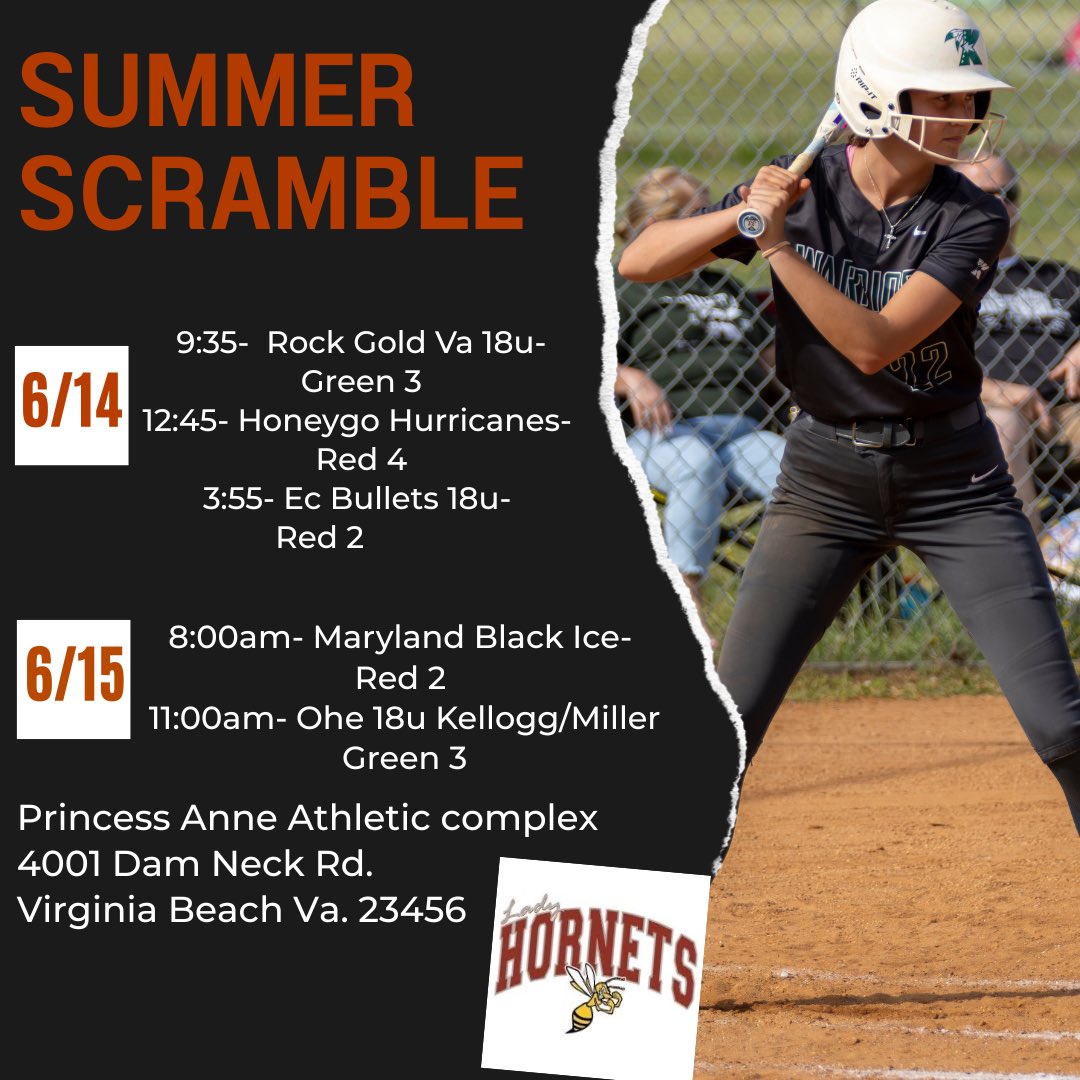 Starting off the summer in the Va Beach Summer Scramble! This is our game times for the weekend, see y’all there!!🤍🧡 <a href="/2026Hornets/">Hanover Hornets 2026</a> <a href="/IHartFastpitch/">I❤️Fastpitch</a> <a href="/NC_Wesleyan_SB/">N.C. Wesleyan Softball</a>