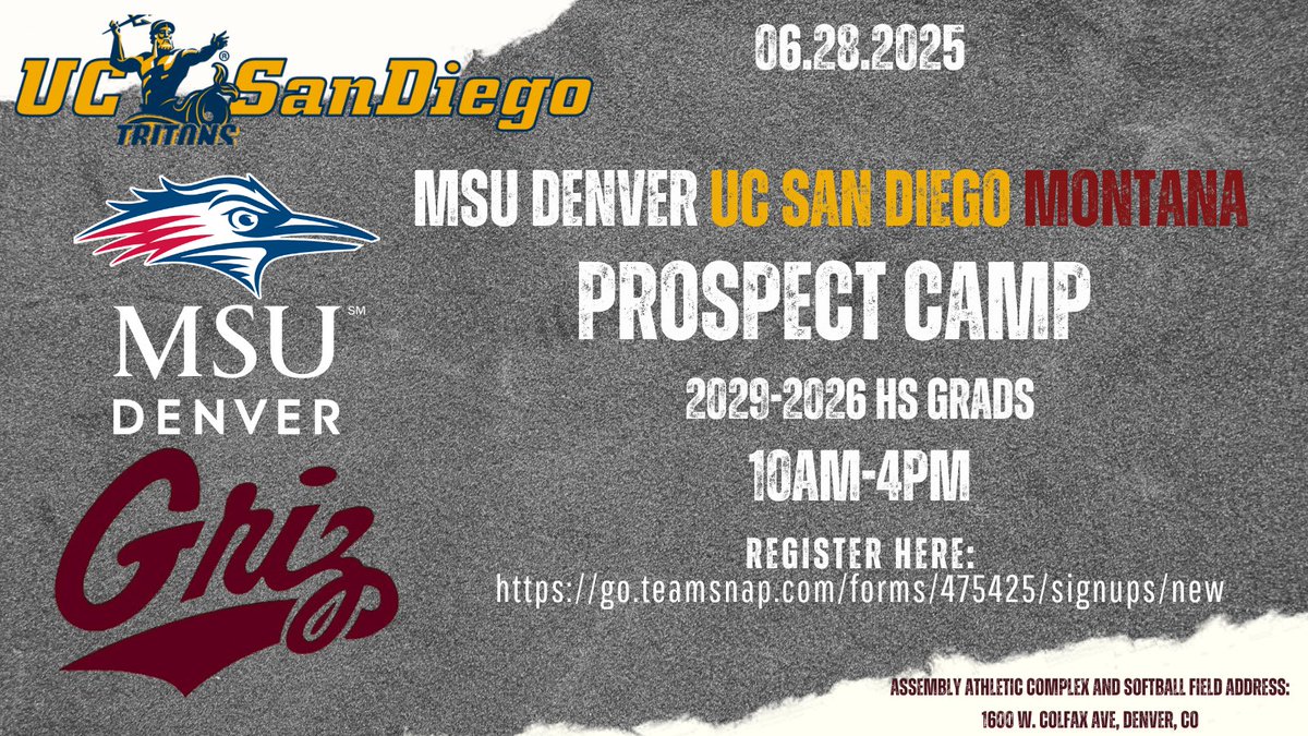 MSU Denver Softball (@roadrunnersb) on Twitter photo We’re excited to have <a href="/MontanaGrizSB/">Montana Griz SB</a> join us and <a href="/UCSDsoftball/">UC San Diego Softball</a> on June 28th!
2029-2026 prospects sign up at the link below:
go.teamsnap.com/forms/475425 We’re excited to have <a href="/MontanaGrizSB/">Montana Griz SB</a> join us and <a href="/UCSDsoftball/">UC San Diego Softball</a> on June 28th!
2029-2026 prospects sign up at the link below:
go.teamsnap.com/forms/475425