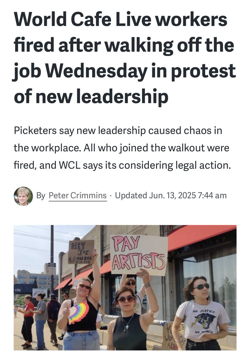 UMAW_'s tweet image. UMAW stands in solidarity with World Cafe Live workers in Philadelphia! Staff are citing wage disruption, a hostile work environment, and senior staff being pushed out of their jobs as reasons for the protest. Venue workers deserve fair pay and fair treatment.💪