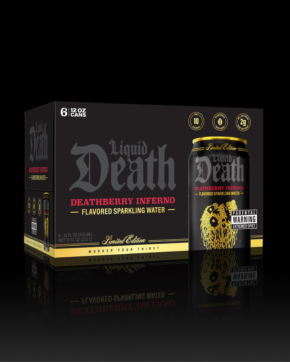 New Limited Edition Deathberry Inferno flavored sparkling water available exclusively at @walmart and Walmart.com. 

It's like a spicy strawberry daiquiri without the hangover. How spicy? It probably won't kill you. Grab a case now for around $7 or wait until it's