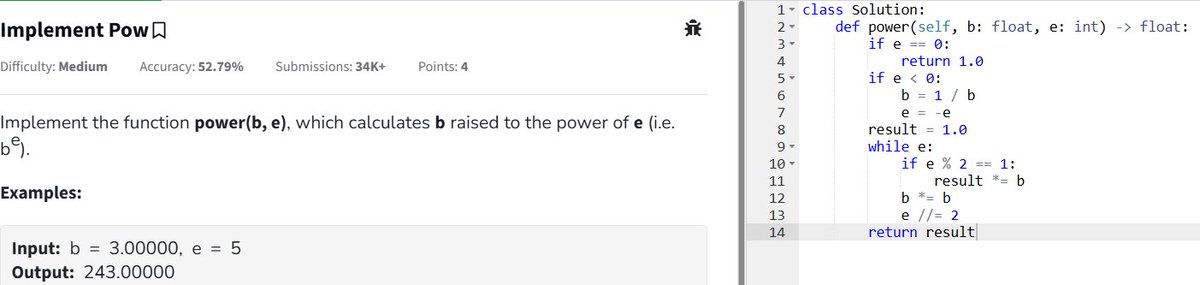 Sairamgoli07's tweet image. Day 76 of #GFG160DaysOfCode ⚡
Problem: Power Function (b^e)
#Python #BinaryExponentiation #Math #DSA #100DaysOfCode #CodingChallenge