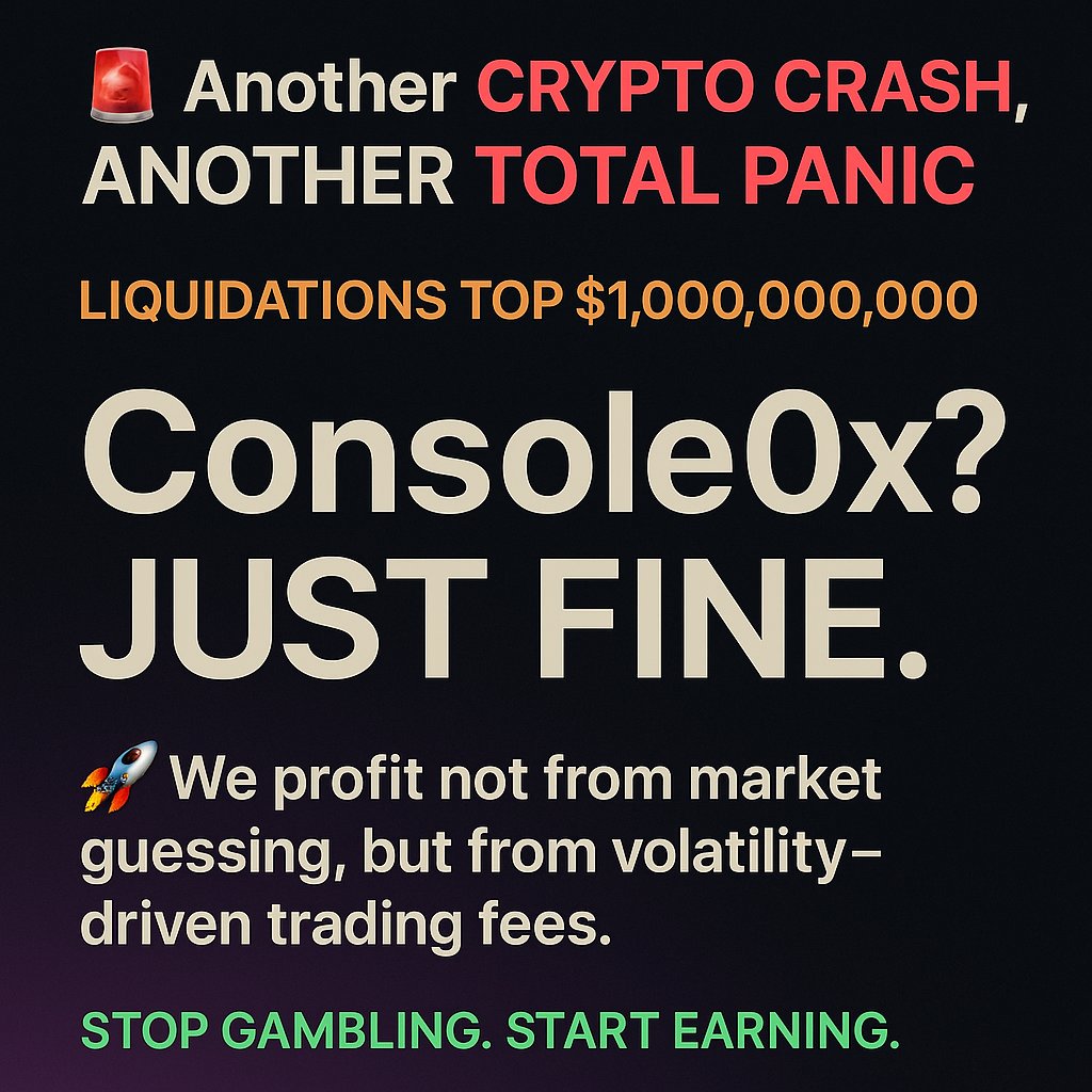 console0x's tweet image. The crypto market is crashing.
Over $1B liquidated in 24h.
Thousands wiped out.
But at Console0x, it’s business as usual.
Volatility = volume = earnings
Stop chasing luck.
Earn daily from DeFi infrastructure

🟢 Try now: console0x.com
#TON #Crypto #SOLANA #PassiveIncome