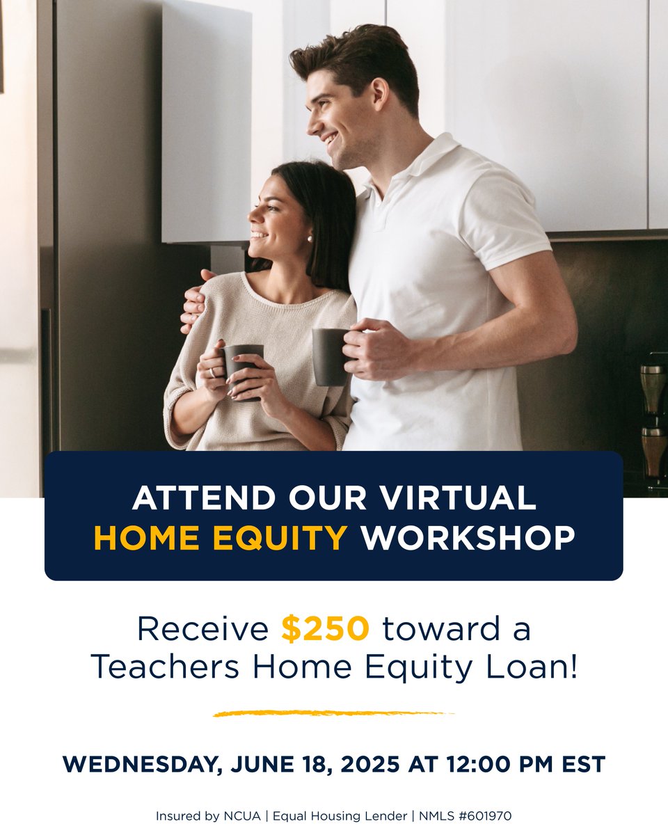 Looking to enhance your home this summer? Join our virtual Home Equity Workshop to explore how you can leverage your home’s equity. You will receive $250 toward a Teachers Home Equity Loan for attending!

Register today: teachersfcu.co/3HA55hb