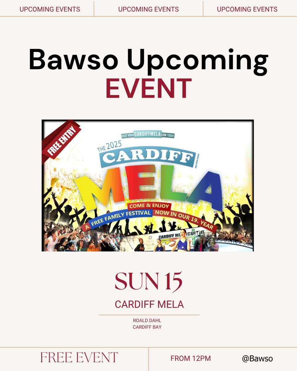 Join Bawso at Cardiff Mela 2025!
We’re excited to be part of this year’s vibrant Cardiff Mela — a free family festival filled with music, food, and cultural celebrations. Come and visit our stall from 12PM.

#CardiffMela2025 #CardiffEvents #CardiffBay #CelebrateDiversity