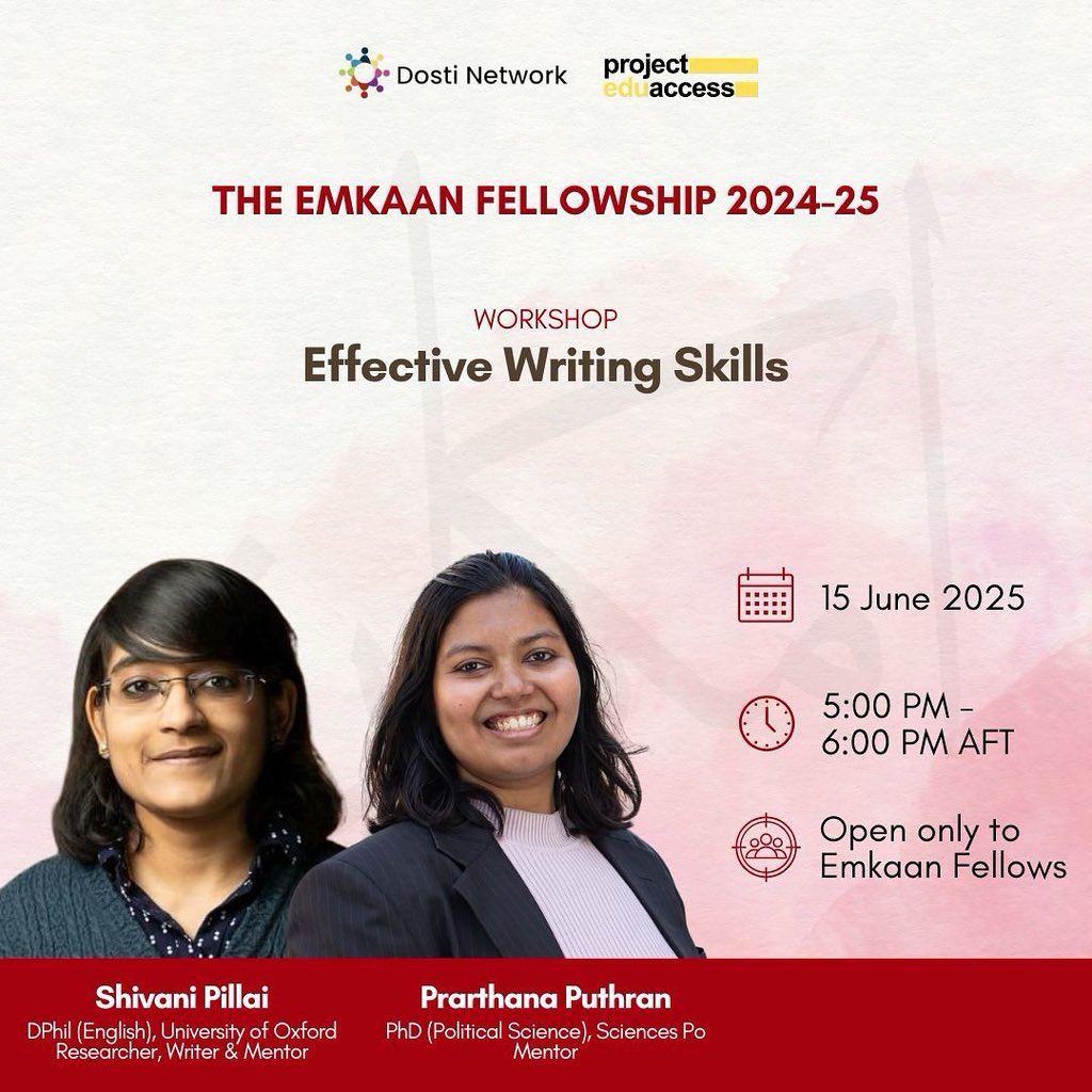 Project EduAccess (@projeduaccess) on Twitter photo We are pleased to organise a workshop on Effective Writing Skills with Shivani Pillai <a href="/this_is_ejay/">Shivani A Pillai</a> and Prarthana Puthran <a href="/PrarthanaPuthr1/">Prarthana Puthran</a>, as part of the Emkaan Fellowship.
Shivani is pursuing a DPhil (English) at Oxford, & Prarthana is pursuing a PhD (Pol Sci) at Sciences Po. We are pleased to organise a workshop on Effective Writing Skills with Shivani Pillai <a href="/this_is_ejay/">Shivani A Pillai</a> and Prarthana Puthran <a href="/PrarthanaPuthr1/">Prarthana Puthran</a>, as part of the Emkaan Fellowship.
Shivani is pursuing a DPhil (English) at Oxford, & Prarthana is pursuing a PhD (Pol Sci) at Sciences Po.