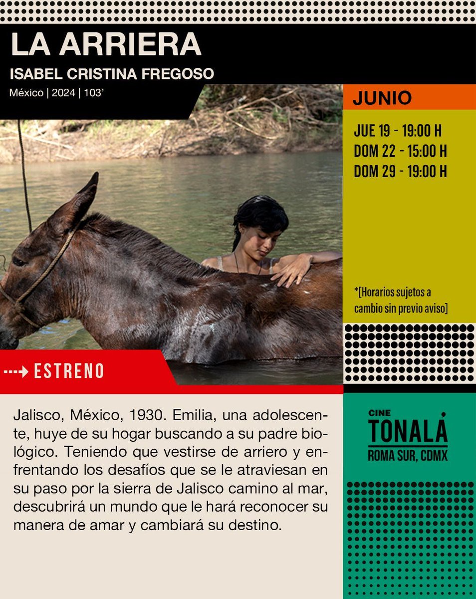 Ciclo de estreno | LA ARRIERA
Una película de Isabel Cristina Fregoso
📅 A partir del 19 de junio en Cine Tonalá

🎟️ Boletos en cinetonala.mx
#LaArriera #CineMexicano #CineIndependiente #EstrenoEnCines #IsabelCristinaFregoso #CineTonalá #RomaSurCDMX