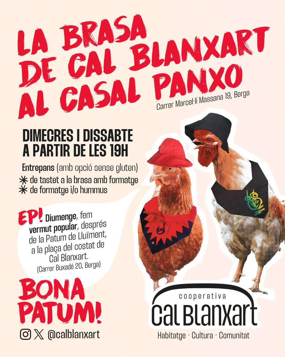 Cal Blanxart Coop (@calblanxart) on Twitter photo A punt per Patum!?💥
📍Aquest any serem a la brasa al <a href="/casalpanxo/">Casal Panxo</a>
Hi podeu venir a fer la prèvia cada dia a partir de les 17h, i 🌭sopar d'entrepà dimecres i dissabte a partir de les 19h
Diumenge després de Patum de Lluïment 🍻vermut popular
📍Pl. del costat de Cal Blanxart A punt per Patum!?💥
📍Aquest any serem a la brasa al <a href="/casalpanxo/">Casal Panxo</a>
Hi podeu venir a fer la prèvia cada dia a partir de les 17h, i 🌭sopar d'entrepà dimecres i dissabte a partir de les 19h
Diumenge després de Patum de Lluïment 🍻vermut popular
📍Pl. del costat de Cal Blanxart