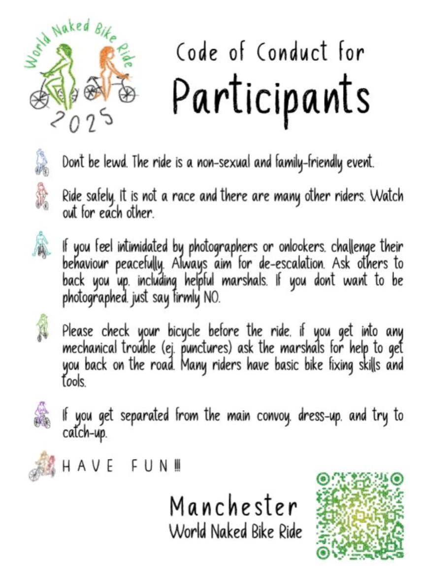 If you're coming along to this year's #WNBR #Manchester remember it is a protest ride and all riders should ride respectfully and safely

You must have a working bicycle we can do quick repairs

Nudity is not illegal but should not cause offence 

But most of all have fun!!!