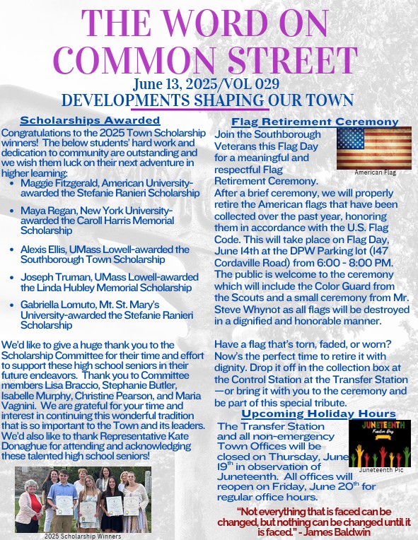 Please take a look at the latest issue of "Word on the Common Street" to congratulate our scholarship recipients, learn about the CPC Annual Forum being held on the 18th, Town services holiday hours, and more! Click here to read the full issue: tinyurl.com/n73xjpx9