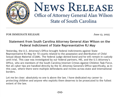 SCAttyGenOffice's tweet image. Statement from South Carolina Attorney General Alan Wilson on the Federal Indictment of State Representative RJ May.