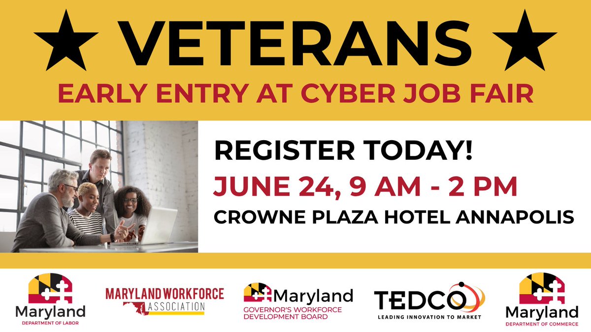 Veterans: Get a head start at Maryland's Cyber &amp; IT Recruitment Event. You and transitioning service members can access the event one hour early on June 24. 

Register by June 23 at: ow.ly/XXoi50W92kZ